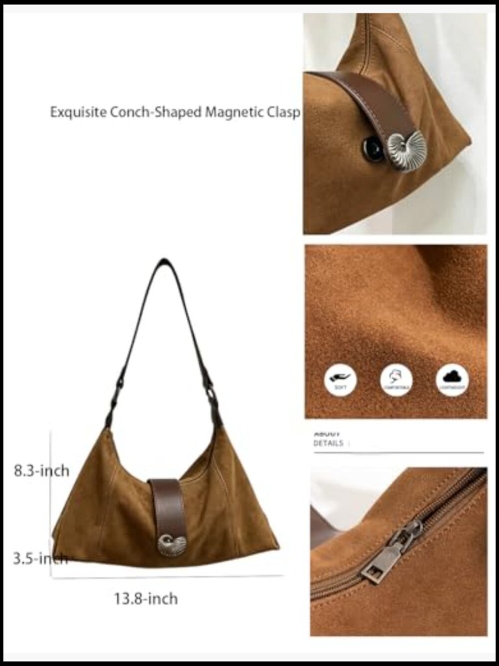 Slouchy Suede Tote Hobo Bag Adjustable Shoulder Strap Vintage Minimalist - Picture 5 of 7